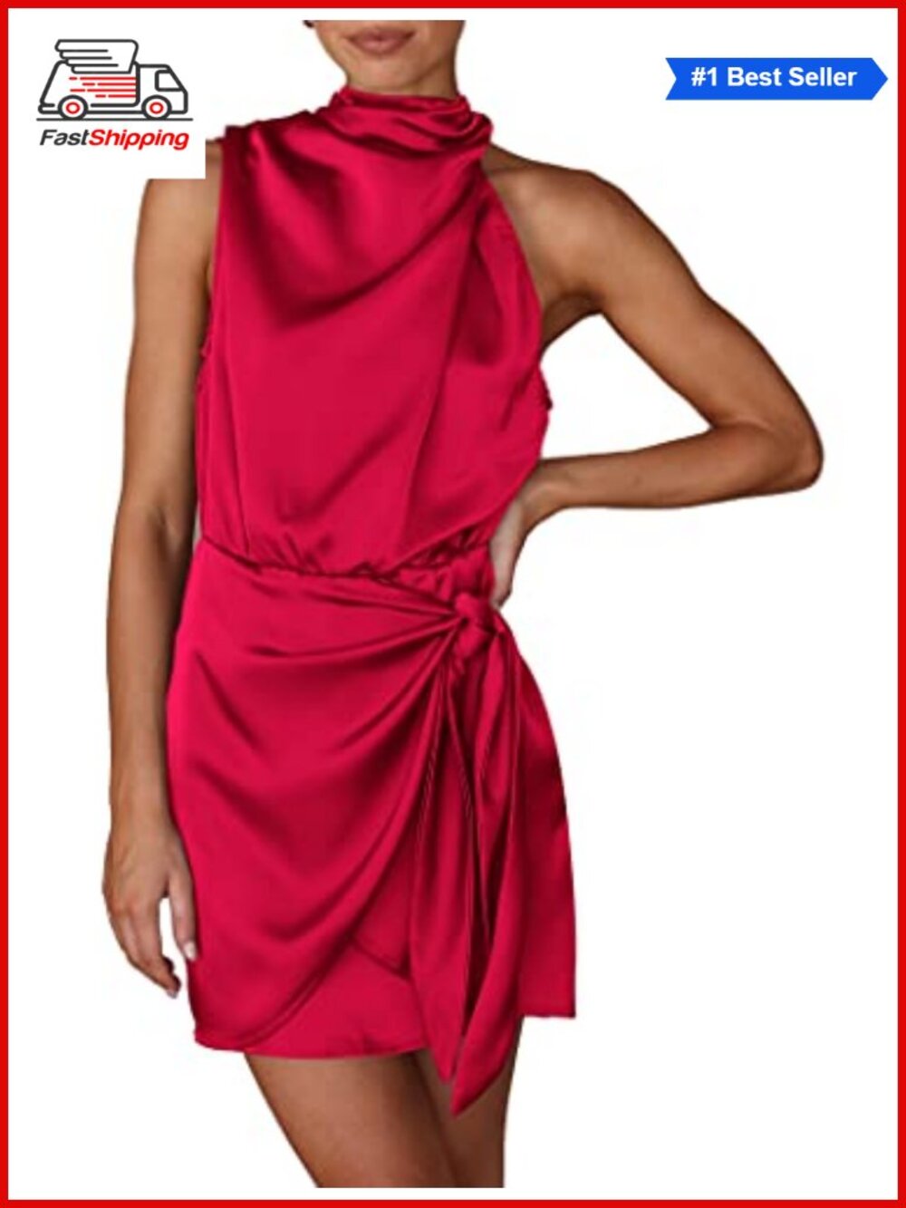 โจPRETTYGARDEN Satin Cocktail Dress Mock Neck Tie Waist Mini Dress